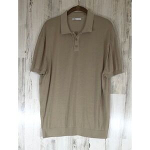 Zara Mens Knit Polo Shirt XL Tan Beige Short Sleeve Button Collar Ribbed Hem